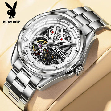 PLAYBOY Brand Skeleton Multifunction Automatic Mechanical Original Stainless Steel Fashion Luxury Watches for Men